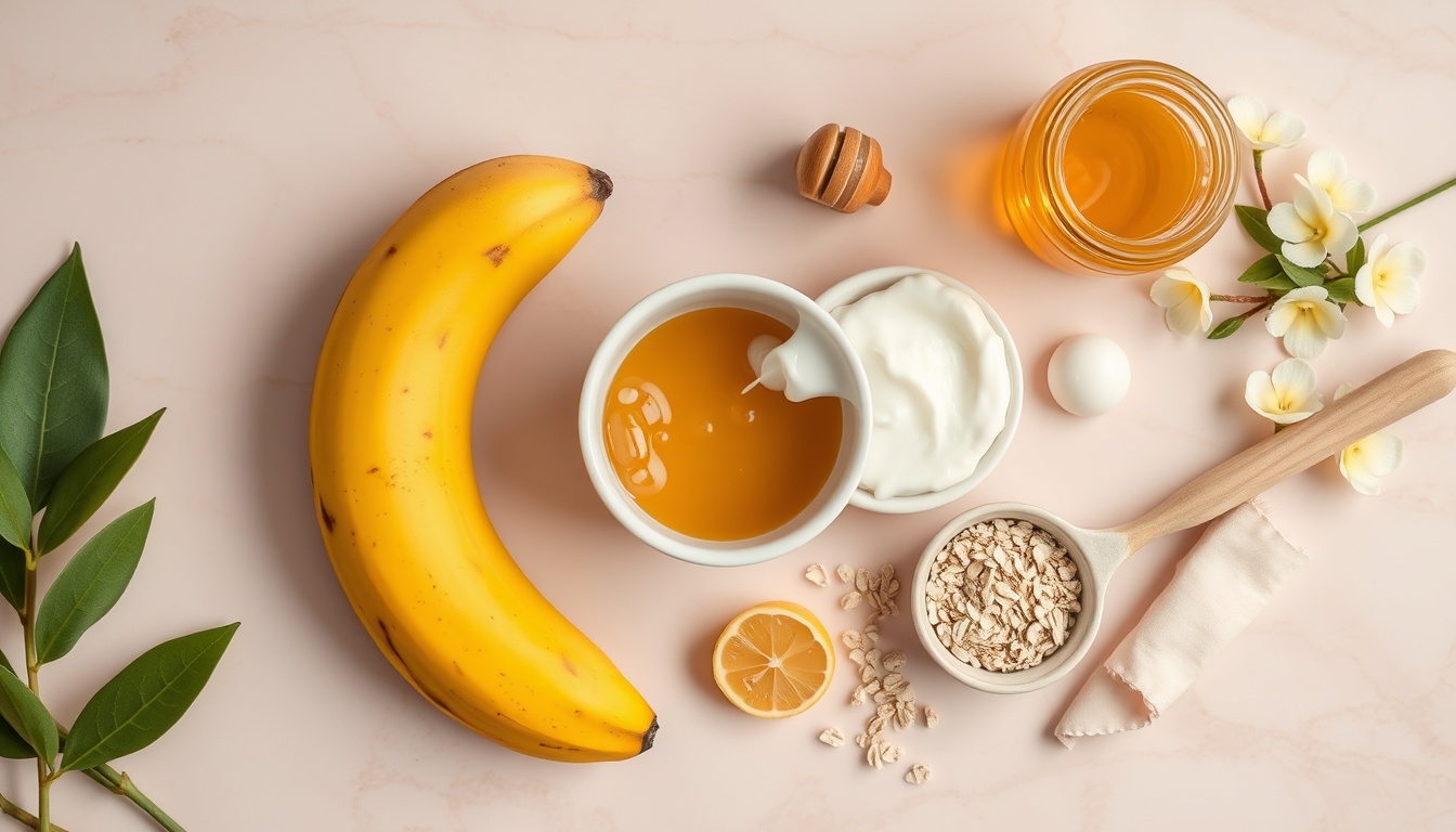 DIY honey banana face mask ingredients — ripe banana, raw honey, aloe vera, oats and lemon on pink marble
