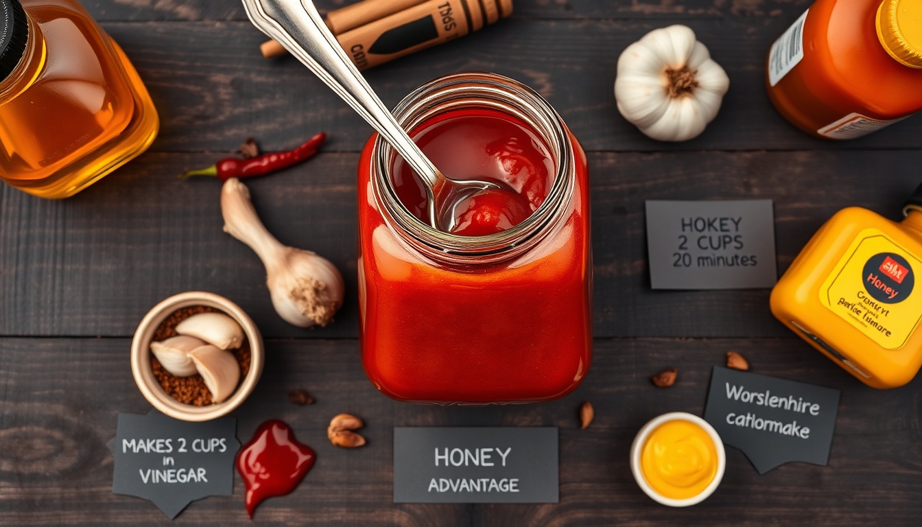 Homemade honey BBQ sauce in a wide-mouth mason jar surrounded by ingredients: wildflower honey, apple cider vinegar, smoked paprika, garlic, and Worcestershire sauce