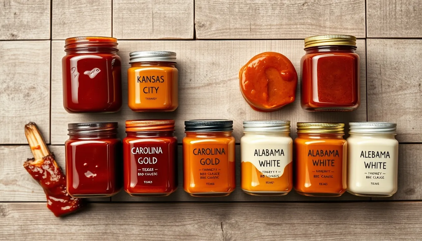 Six regional honey BBQ sauce variations in mason jars on rustic barnwood: Kansas City, Carolina Gold, Texas, Alabama White, Memphis, and Hawaiian styles