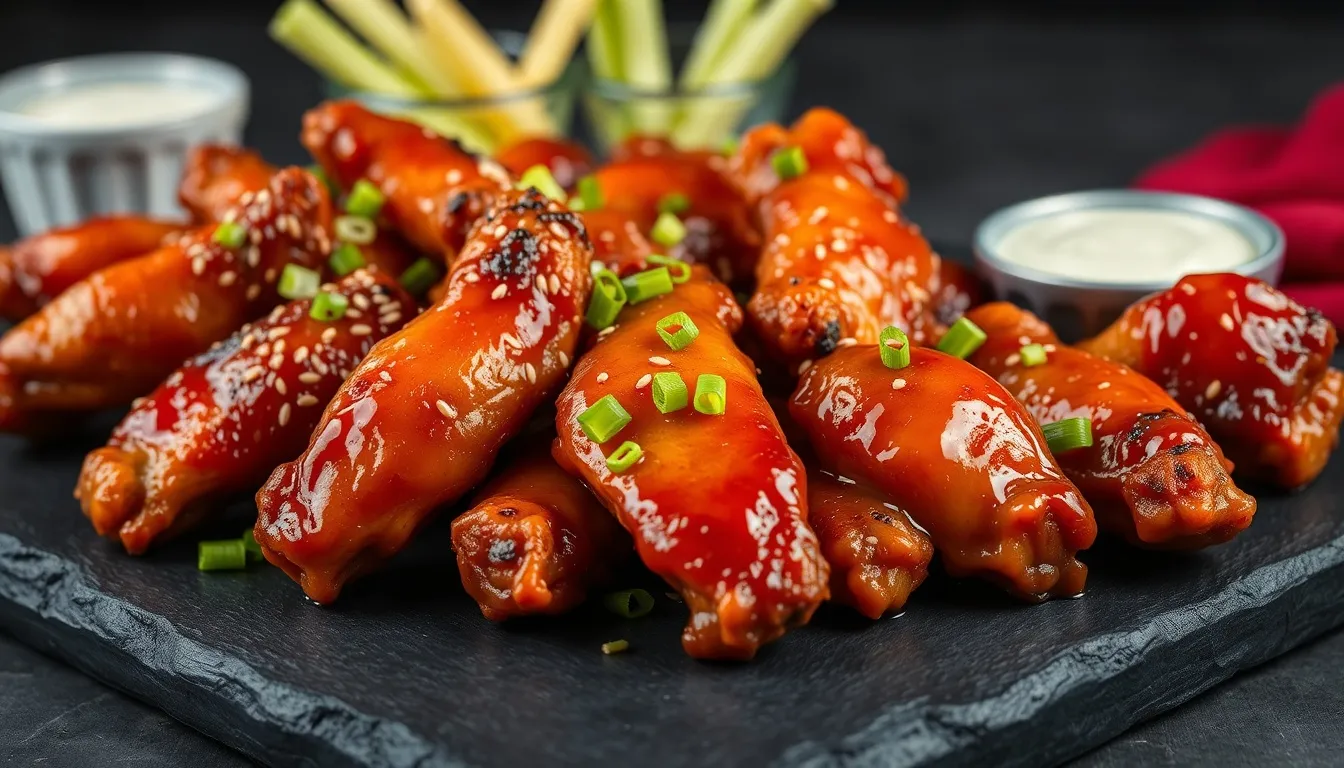 Crispy baked honey BBQ wings with caramelized amber-red glaze on dark slate serving board