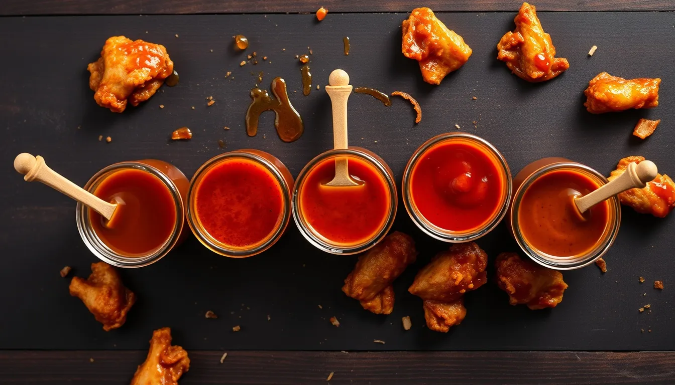 Five honey BBQ wing sauce variations in glass jars showing classic, bourbon, chipotle, garlic, and Asian styles