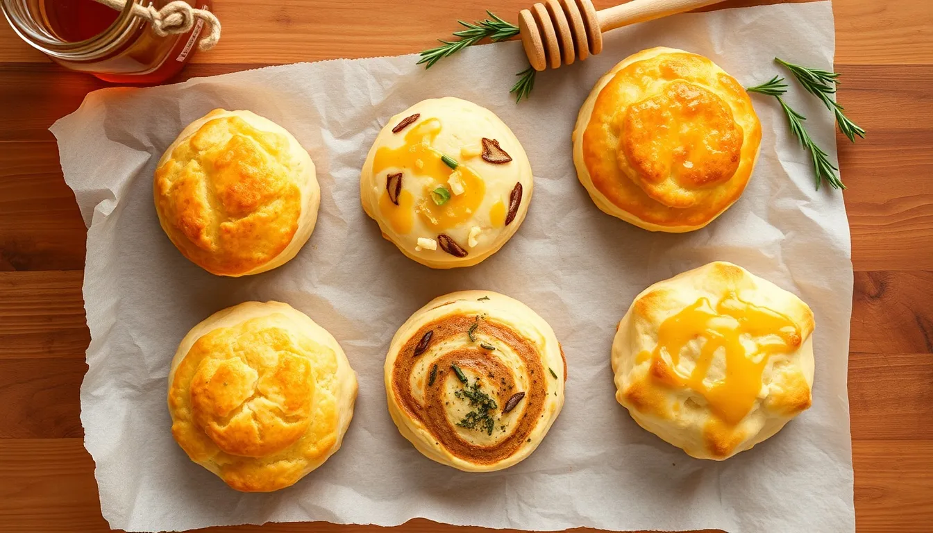 Five honey biscuit variations including honey cheddar, honey herb, honey cinnamon swirl, and honey drop biscuits