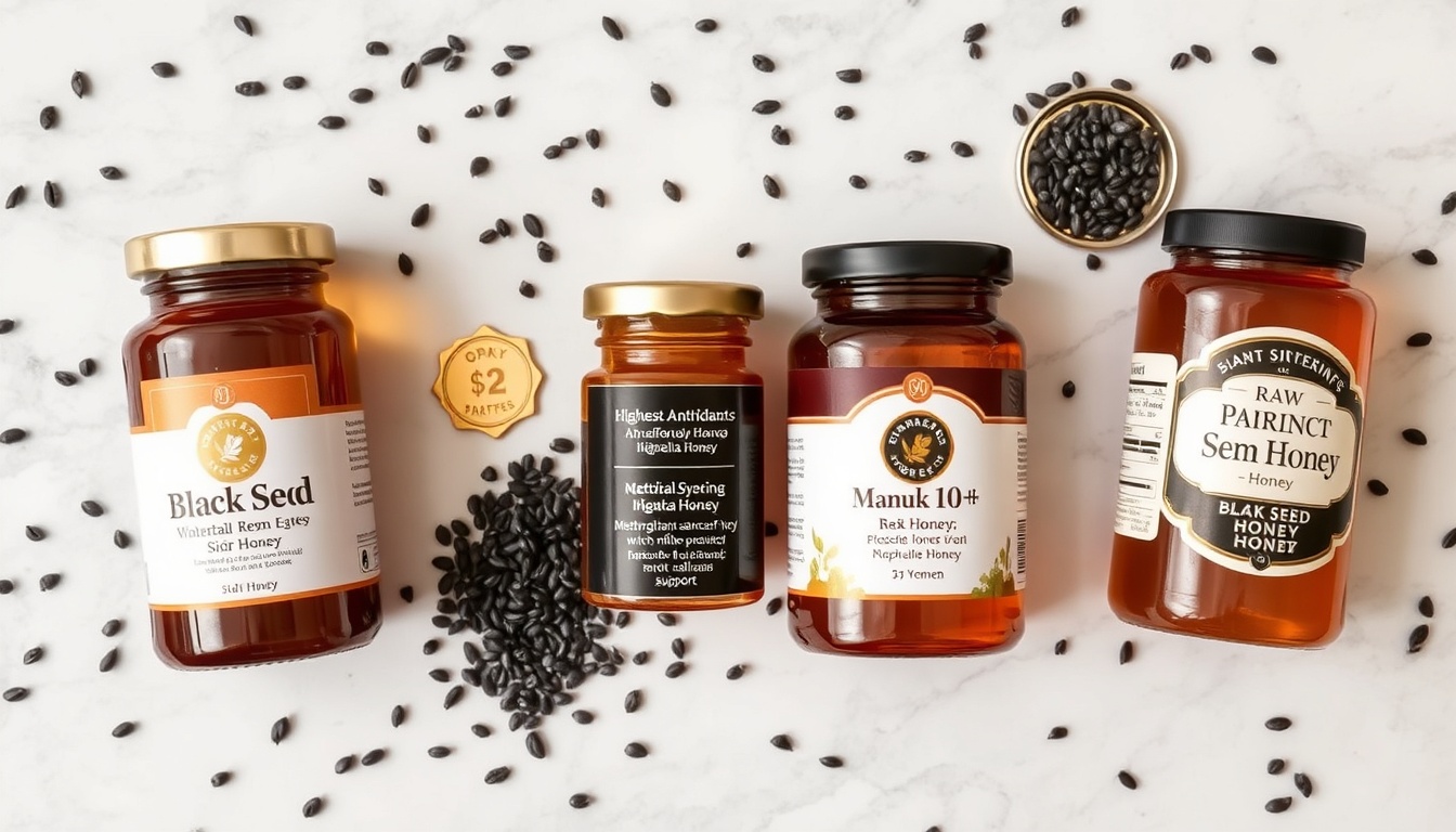 Best honey types to pair with black seed: Sidr honey (traditional gold standard), buckwheat (highest antioxidants), Manuka (clinical synergy), and wildflower (affordable everyday)