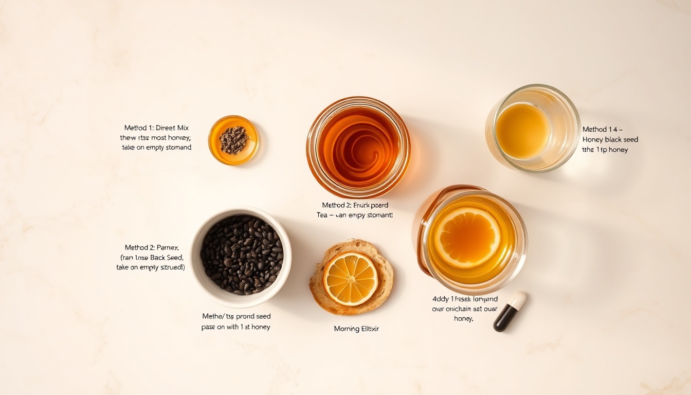 Five ways to use honey and black seed together: direct mix, honey black seed tea, food use with toast, morning elixir, and supplement with honey — wellness ritual flat lay