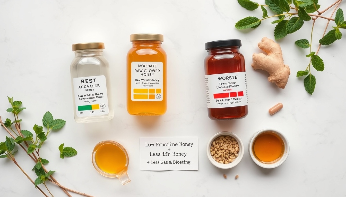 Acacia and wildflower honey ranked best for bloating, digestive tolerance cards and companion ingredients on white marble