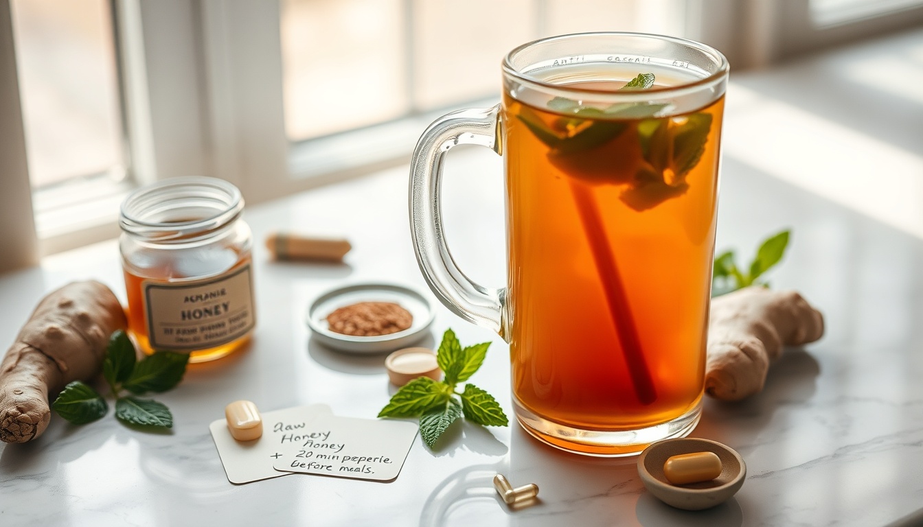Morning anti-bloating ritual: peppermint tea with acacia honey, fresh ginger, fennel seeds, and protocol card on white marble