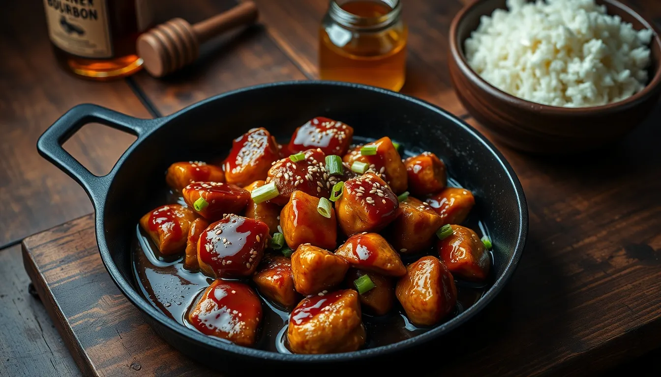 Honey bourbon chicken in dark skillet with caramelized mahogany glaze, sesame seeds and scallions