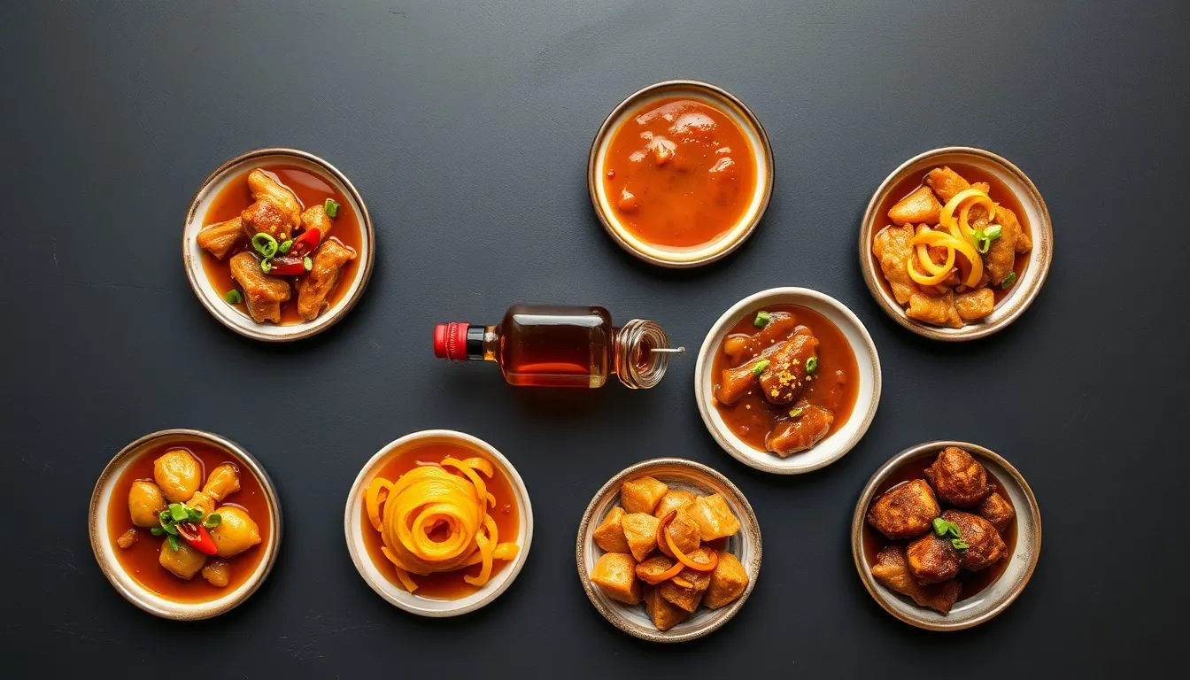 Five honey bourbon chicken flavor variations showing classic, spicy, orange, ginger, and smoky styles