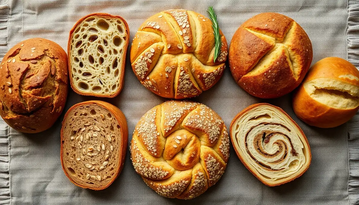 Five honey bread variations displayed on rustic linen: whole wheat loaf, honey oat rolls, cinnamon swirl bread, rosemary focaccia, and golden honey brioche