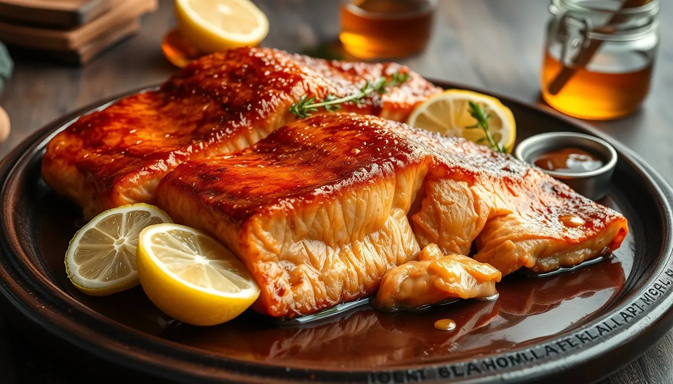 Perfectly baked honey brown sugar glazed salmon with deeply caramelized crackled amber-bronze crust on dark ceramic plate