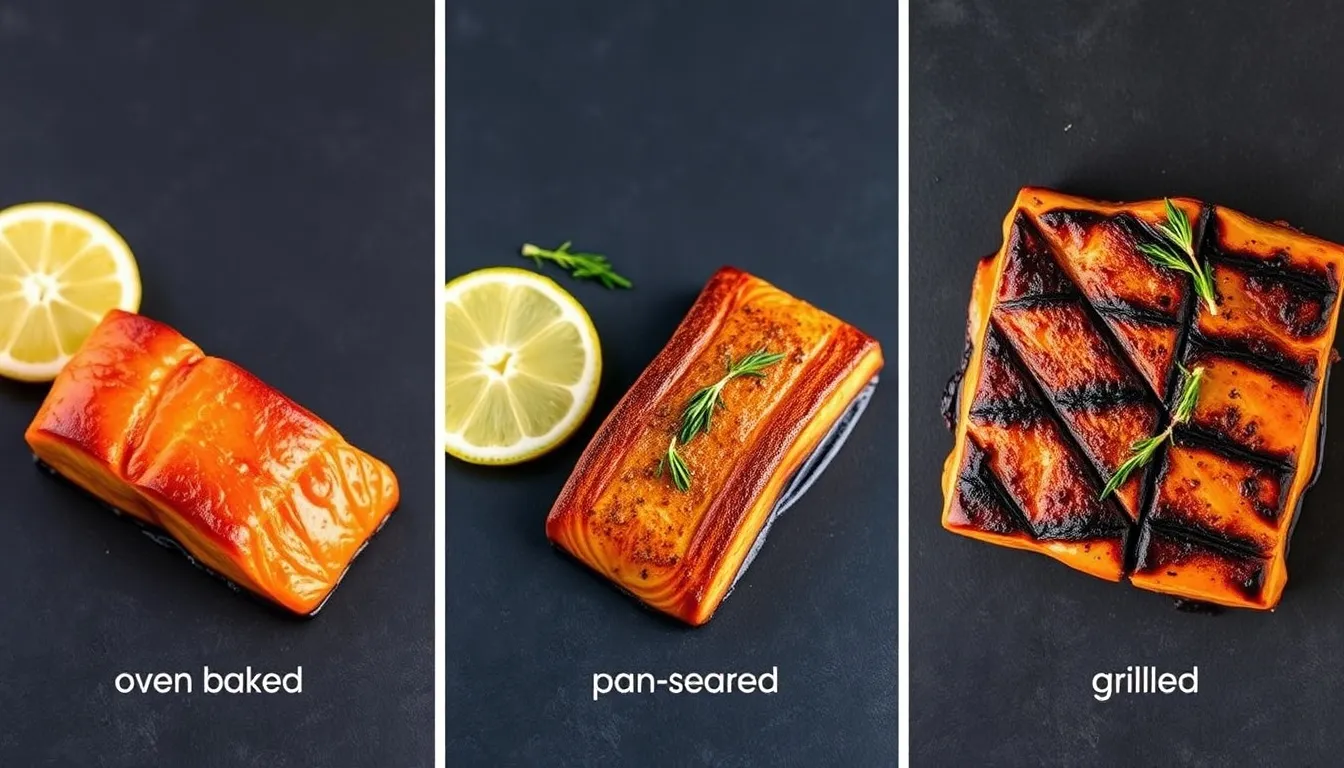 Three honey brown sugar salmon cooking methods side by side — oven-baked caramelized, pan-seared with char marks, and grilled with crosshatch pattern