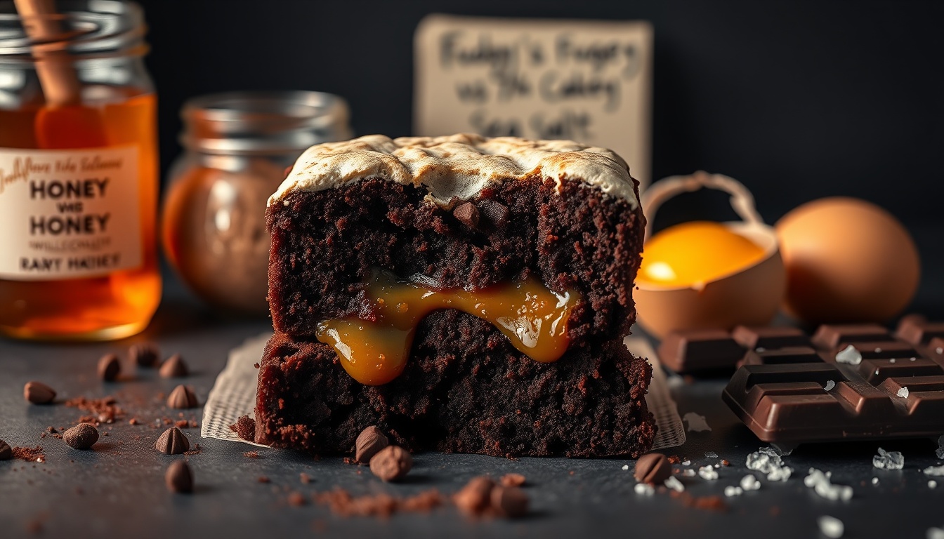 Honey brownie with gooey fudgy interior, crackly top crust, dark chocolate, and raw wildflower honey jar