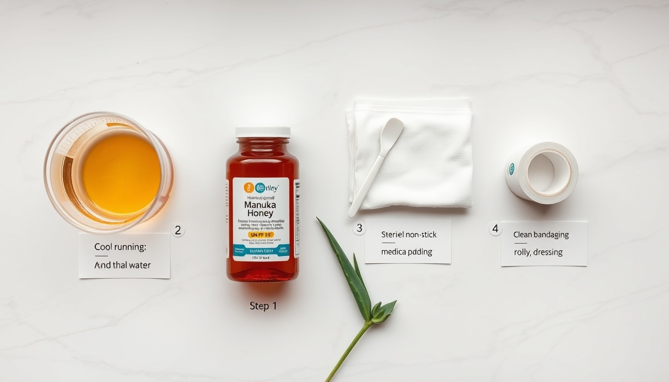 Step-by-step honey burn care supplies on white marble showing cool water cooling, medical-grade Manuka honey applicator, sterile gauze padding, and clean bandaging for evidence-based burn treatment