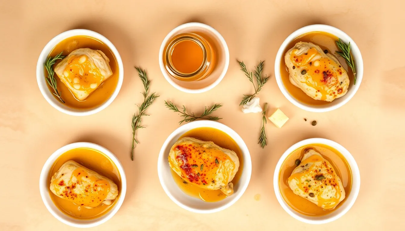 Five honey butter chicken variations showing classic, garlic, lemon herb, spicy, and herb butter styles