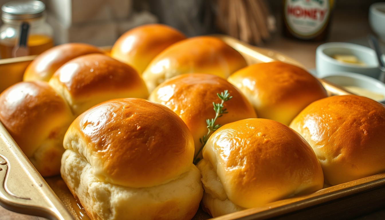 Freshly baked honey butter dinner rolls in a golden pan with shiny honey butter glaze and fresh thyme garnish