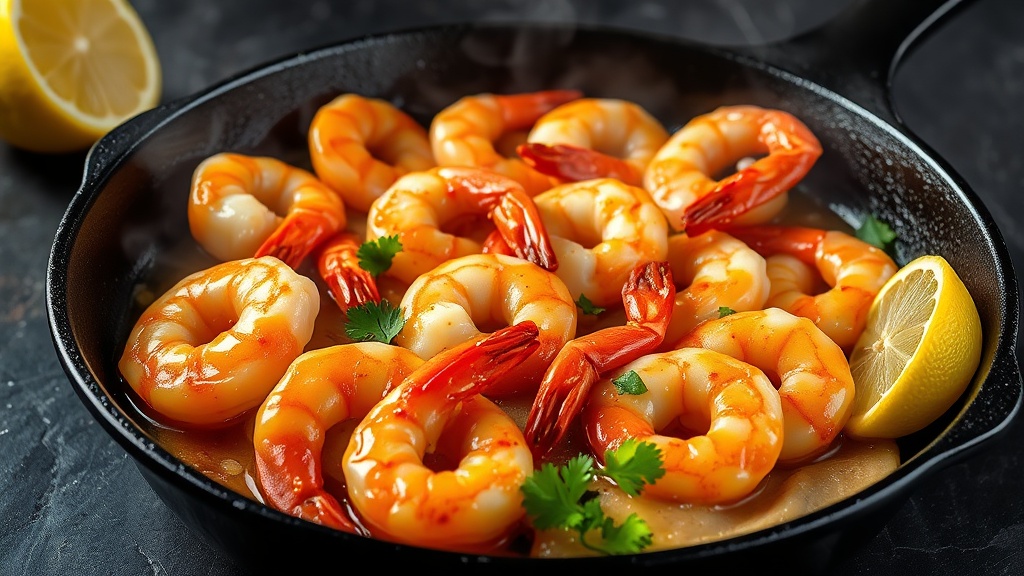 Golden honey butter shrimp sizzling in a cast iron skillet with glossy amber glaze, garlic, and fresh parsley garnish