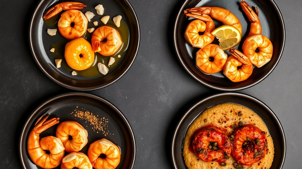 Four honey butter shrimp variations: honey garlic, honey lemon with capers, spicy honey, and Cajun-style with grits