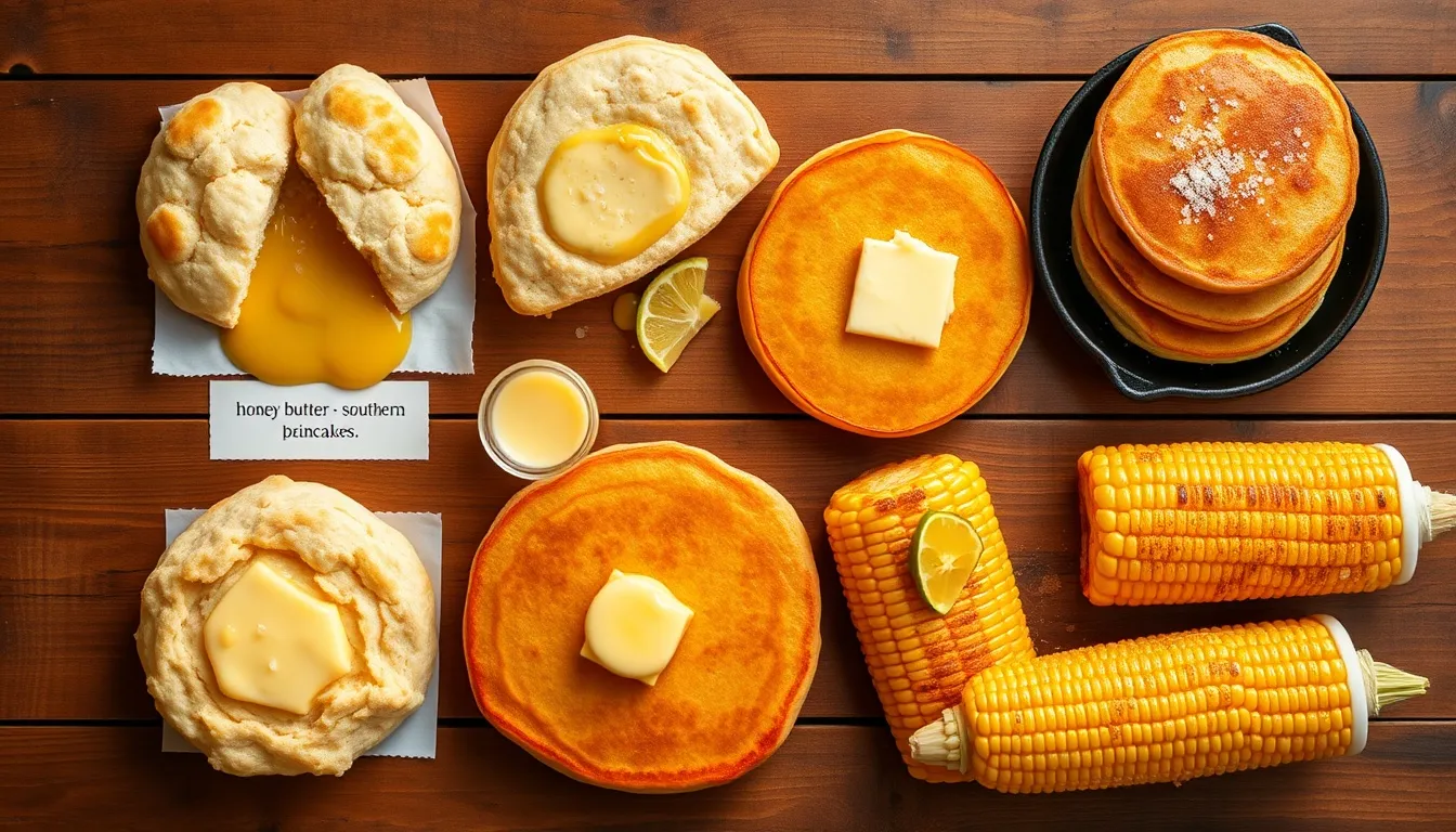 Eight delicious honey butter uses collage: warm biscuits, cornbread, pancakes, sweet potatoes, grilled corn, toast, glazed chicken, and muffins on rustic wood