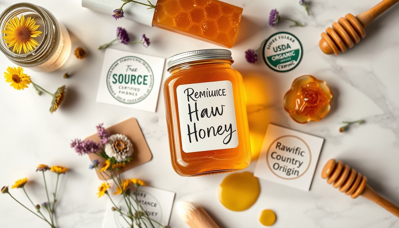 Premium authentic raw wildflower honey jar surrounded by True Source Certified seal, USDA Organic badge, and quality indicator cards for conscious honey buying