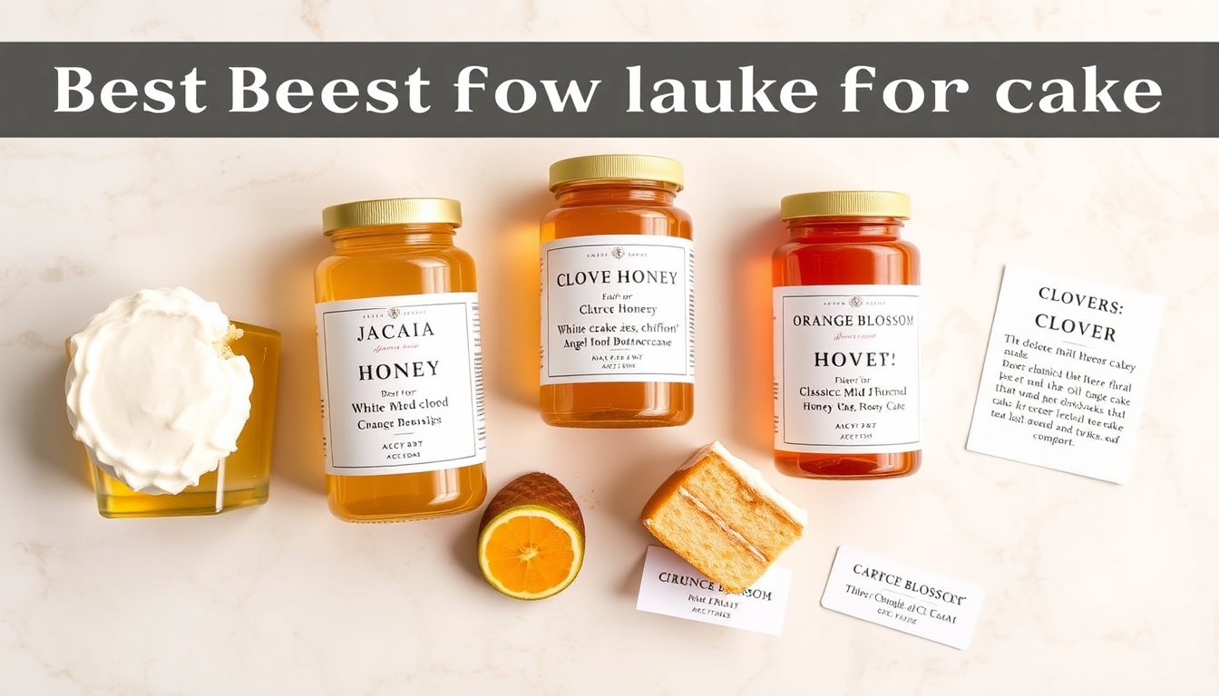 Five honey varieties for baking cake arranged on pale marble: acacia with white layer cake, clover with butter cake, orange blossom with citrus cake, wildflower with spice cake, buckwheat with chocolate cake