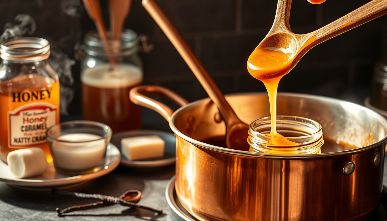 Deep amber honey caramel sauce being stirred in a shiny copper saucepan, with golden honey jar, cream, and butter on the counter beside it