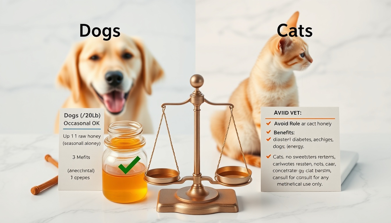 Comparison guide: honey rules for dogs vs cats — dogs can have occasional honey in small amounts (omnivores), while cats (obligate carnivores) should avoid honey due to their different metabolic needs