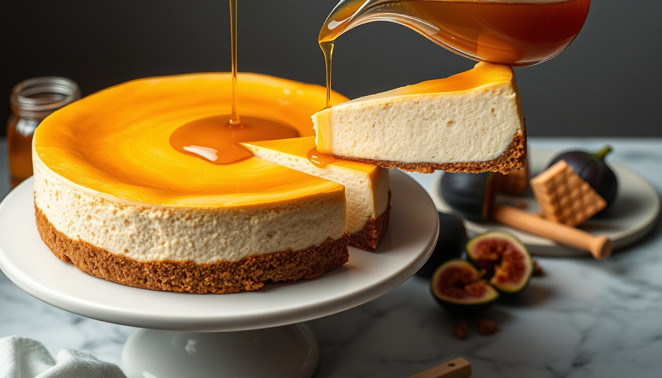 Perfect honey cheesecake on a white cake stand with golden honey drizzle, showing the buttery graham cracker crust and creamy filling in a clean slice