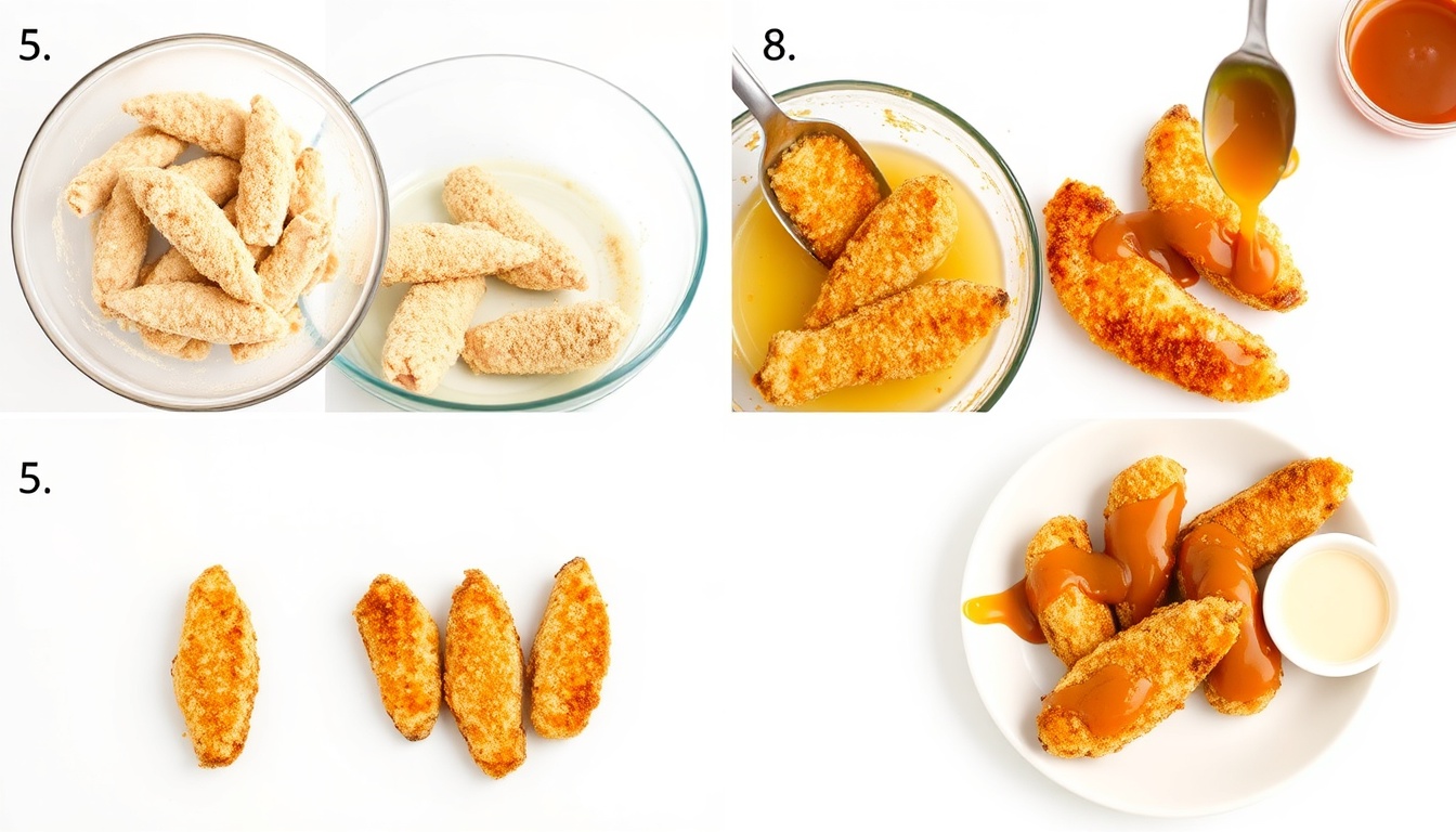 Crispy honey glazed chicken tenders being made step by step — raw tenders being coated in breadcrumbs, frying golden, finished tenders drizzled with amber honey glaze, plated dish with dipping sauces