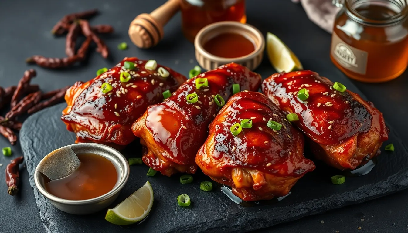 Honey chipotle chicken thighs with deep red-amber lacquered glaze on dark slate, garnished with green onions and lime wedges