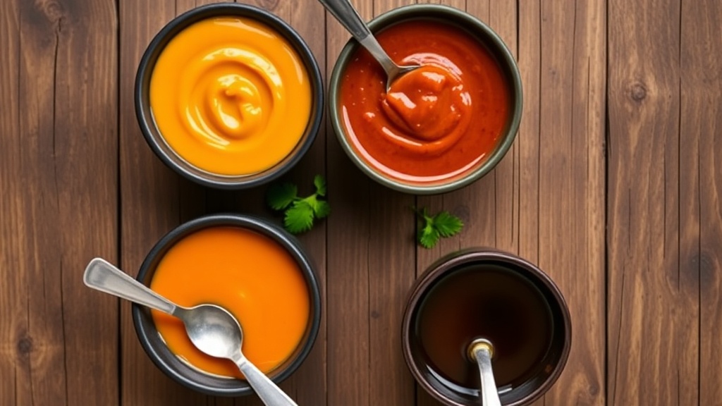 Four honey chipotle sauce variations in small dark bowls: creamy mayo, BBQ-style, tropical mango, and garlic butter glaze