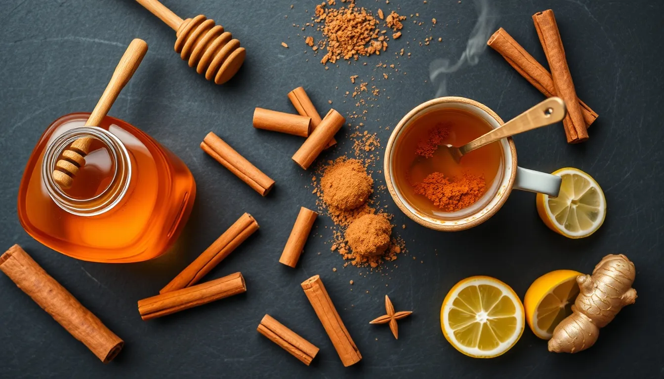 Amber honey jar with cinnamon sticks, ground cinnamon, and honey-cinnamon tea on dark slate