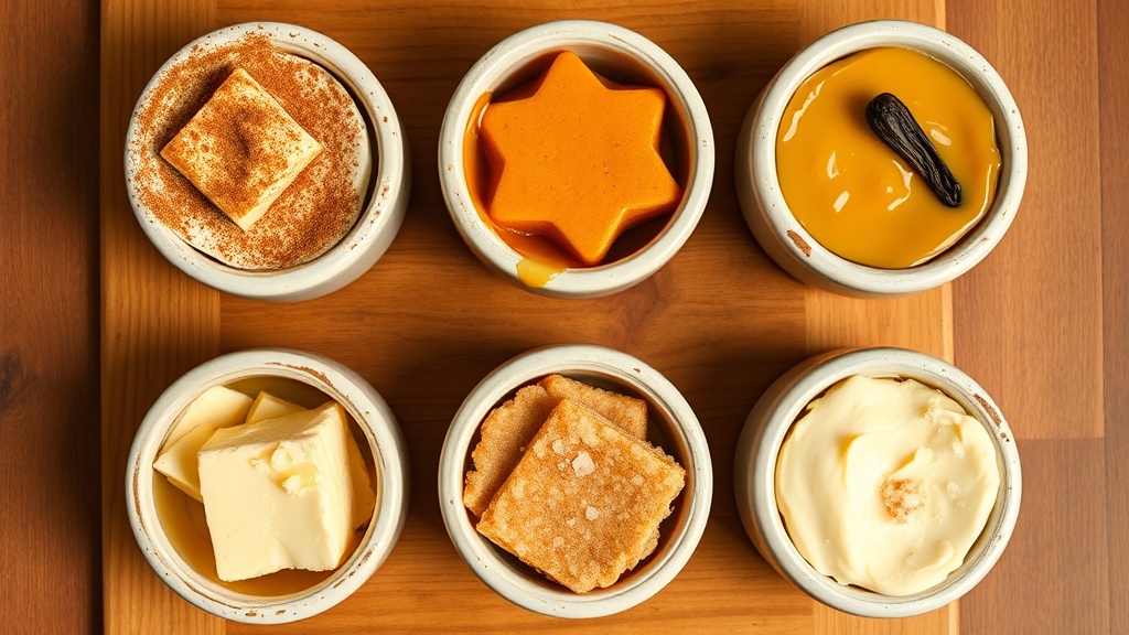 Six honey compound butter variations in rustic ceramic crocks showing classic cinnamon, vanilla bean, pumpkin spice, maple, brown sugar, and sea salt versions