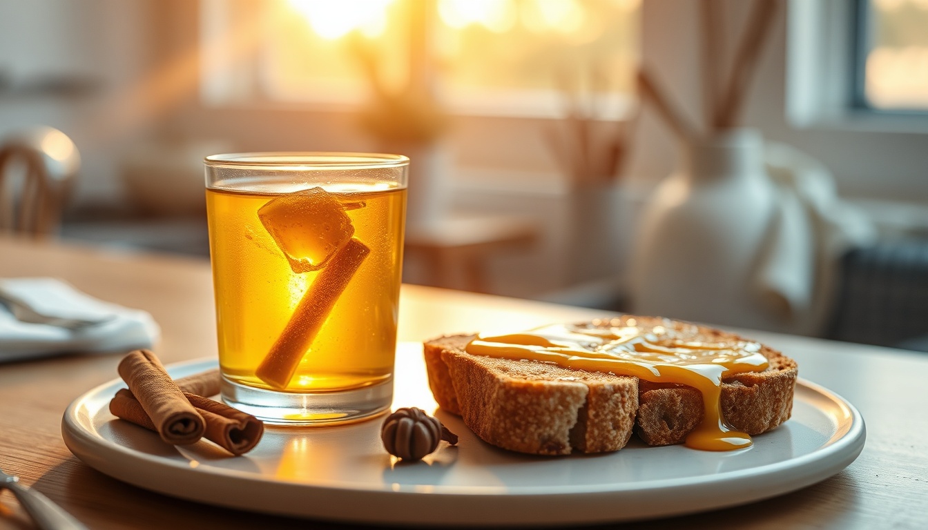 Warm honey-cinnamon morning ritual: a glass of golden honey-cinnamon water with Ceylon cinnamon sticks in sunlit kitchen