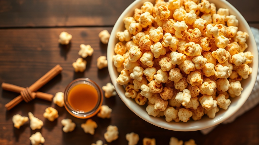 White ceramic bowl of honey cinnamon popcorn with amber glaze, jar of raw honey and cinnamon sticks on dark wood