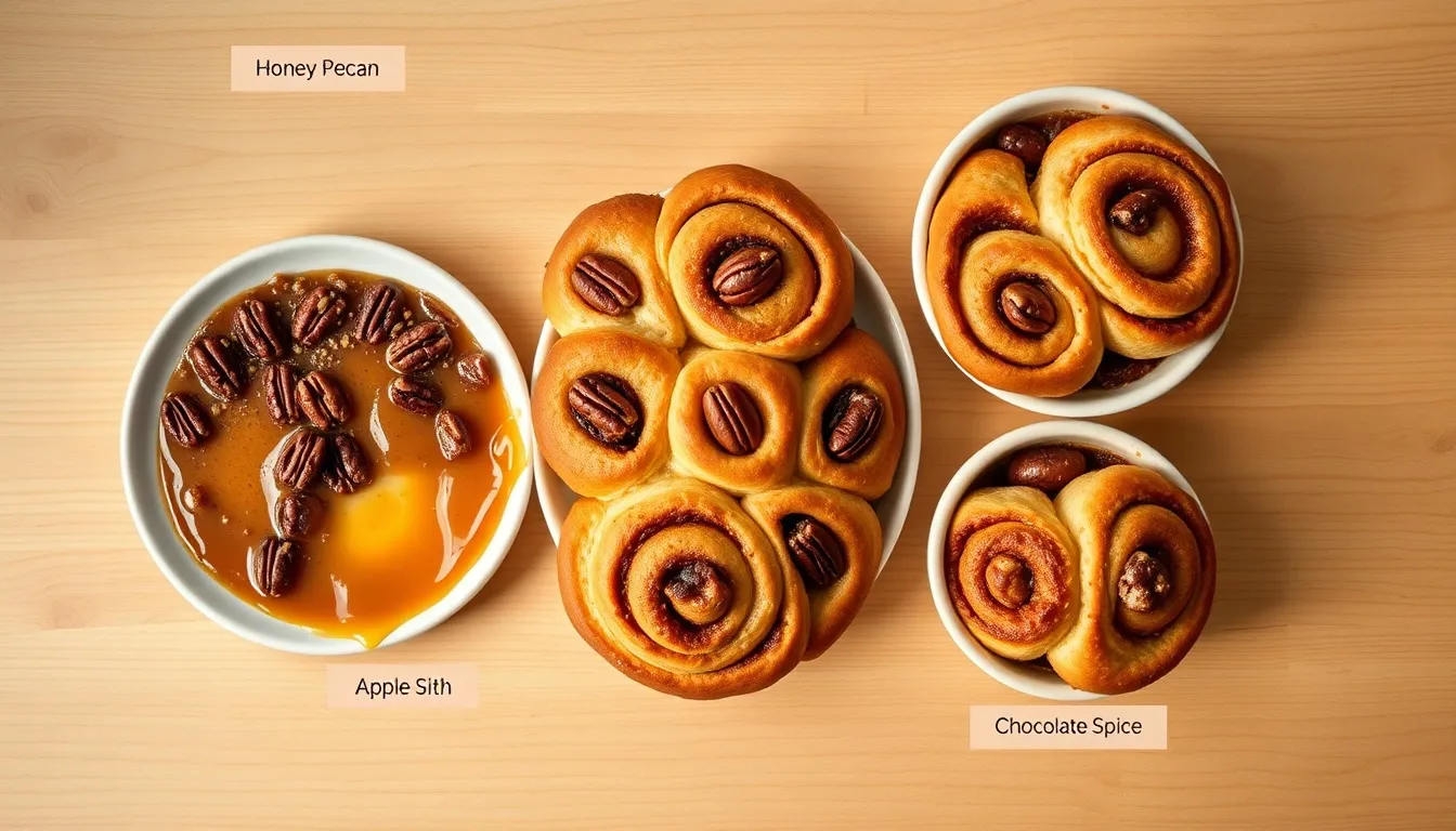 Five honey cinnamon roll variations in small baking vessels: honey pecan sticky buns, apple cinnamon, pumpkin spice, chocolate, and lemon honey rolls