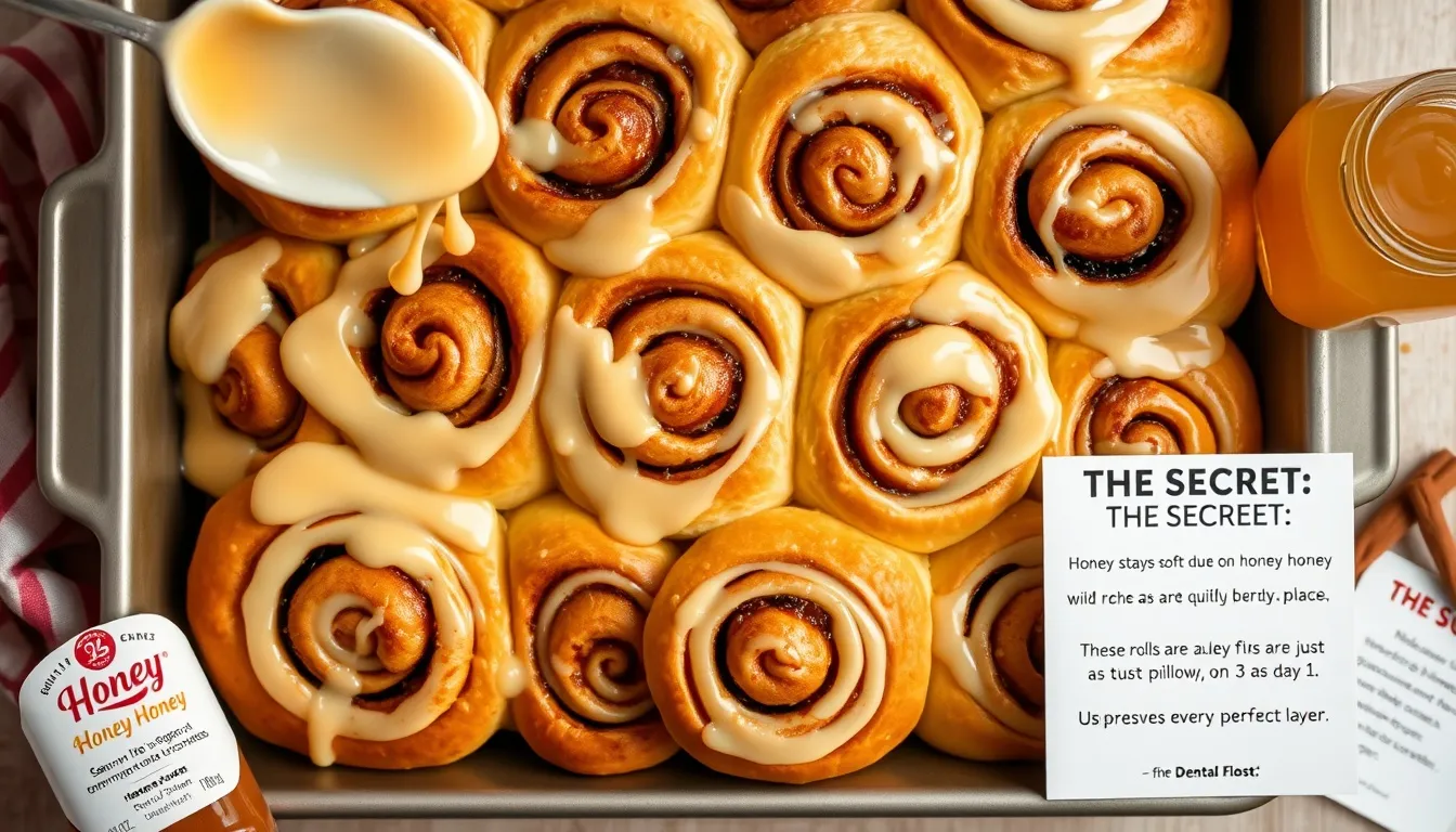 Freshly baked honey cinnamon rolls in a 9x13 pan with cream cheese honey glaze being poured over the hot rolls, steam rising