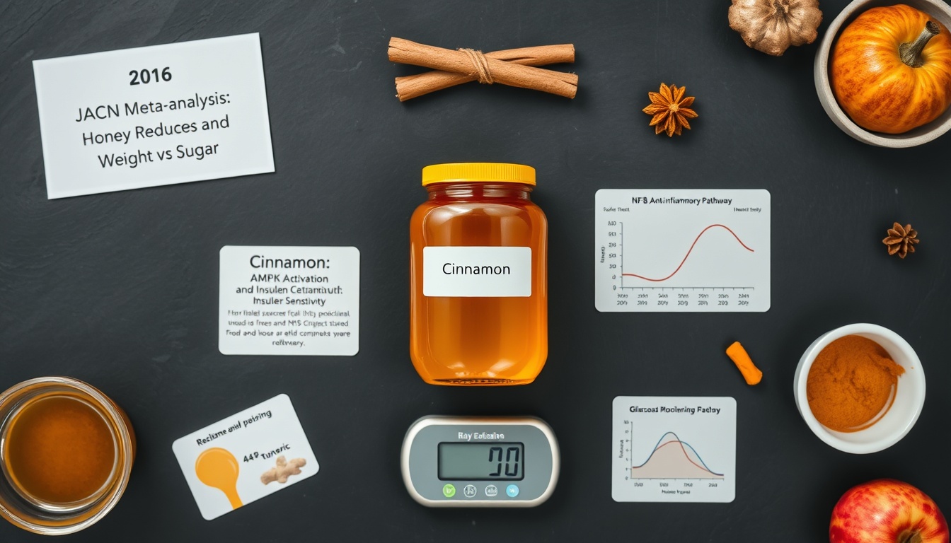 Honey and cinnamon weight management science — clinical evidence cards, Ceylon cinnamon sticks, and blood sugar monitoring on dark slate