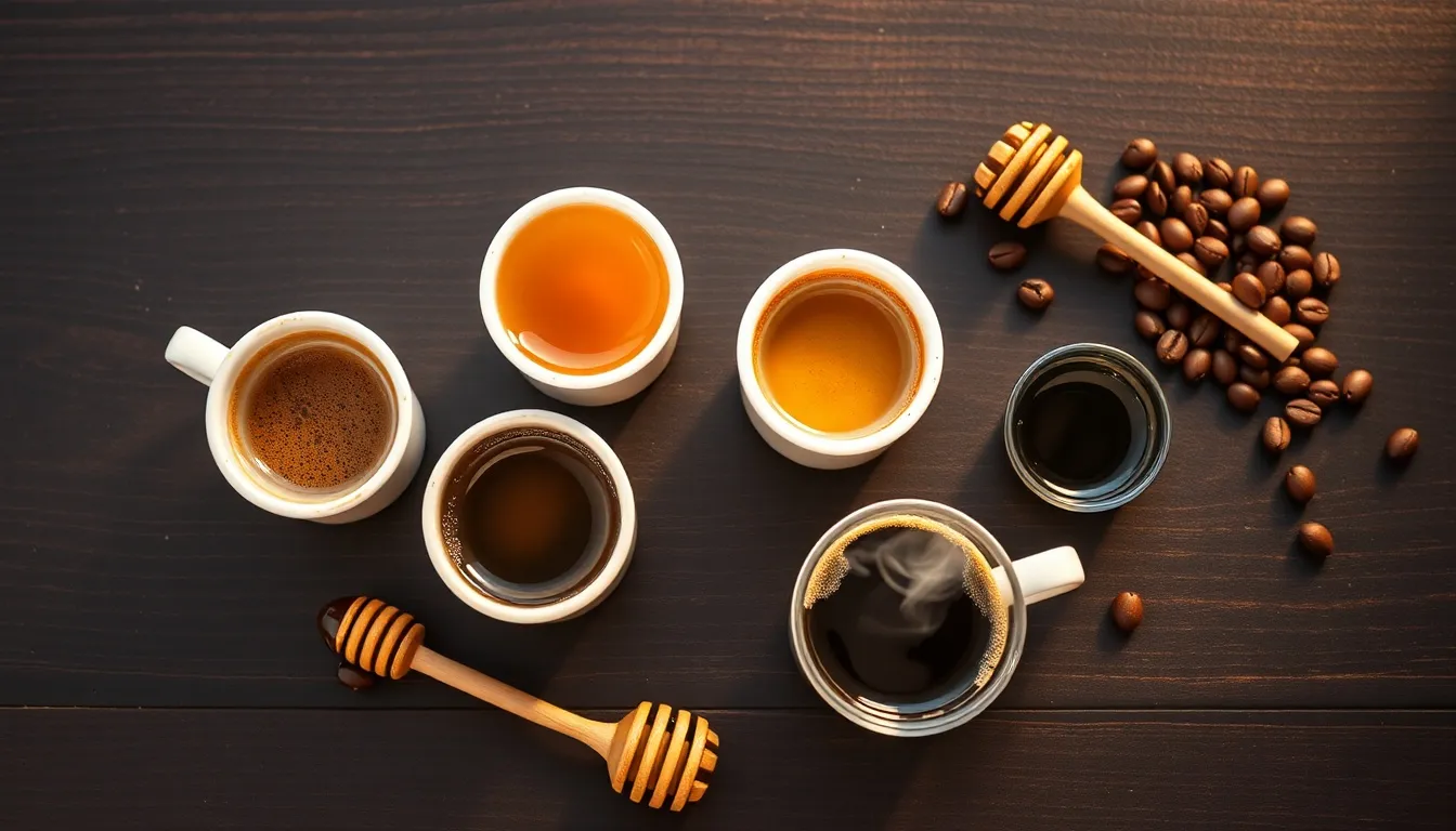 Four coffee roasts paired with their ideal honey varieties — light pour-over with acacia, dark espresso with buckwheat — a visual honey and coffee pairing guide