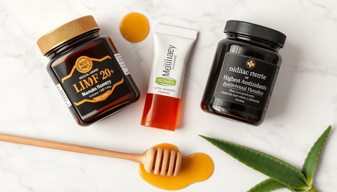 Three best honey types for cold sore treatment: Manuka UMF 20+ labeled as gold standard, medical Medihoney, and dark buckwheat honey with evidence-quality badges on white marble