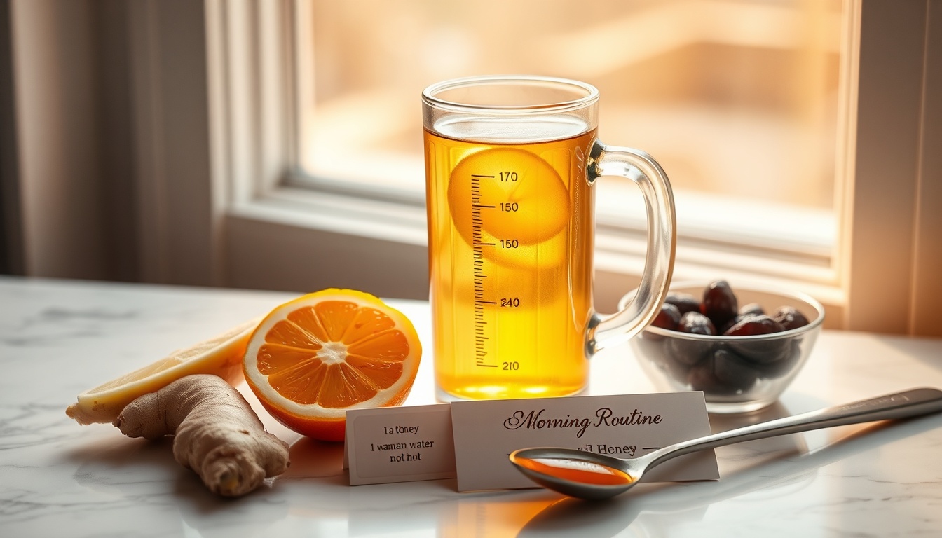 Morning honey warm water digestive ritual: clear glass mug with golden honey dissolving in warm water, fresh lemon half, ginger root, dried prunes, and measuring tablespoon on white marble in morning light