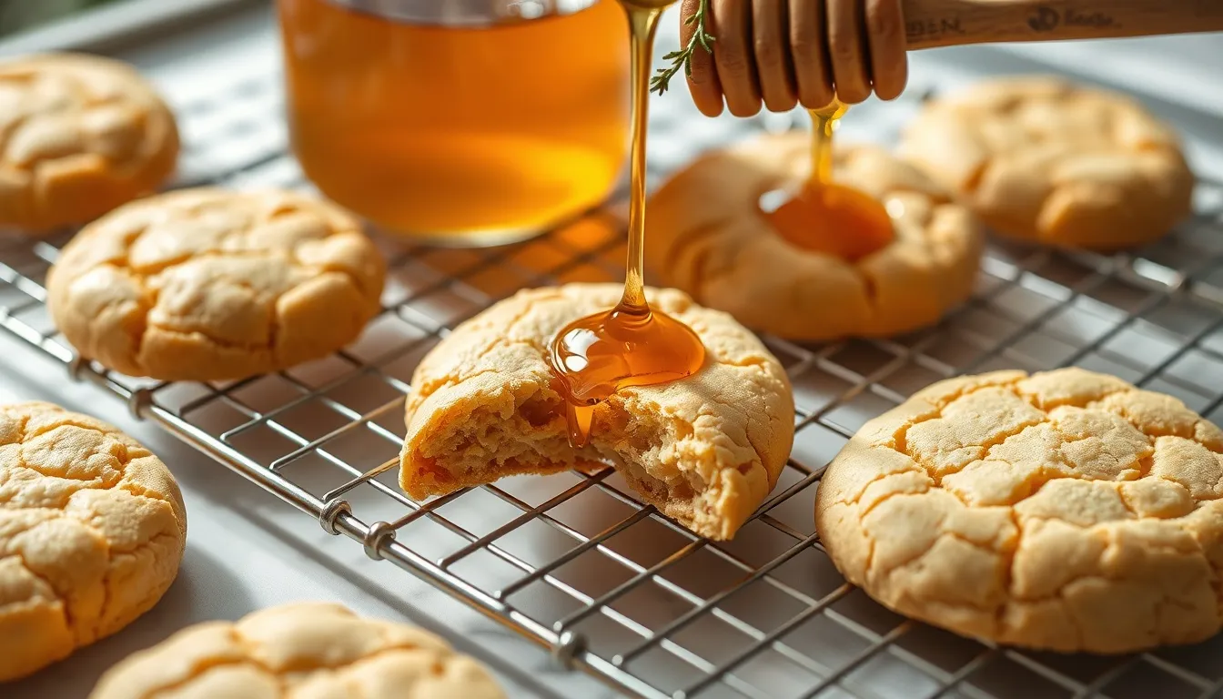 Freshly baked honey cookies on a wire rack with golden-brown edges and a honey drizzle, surrounded by wildflower honey jar