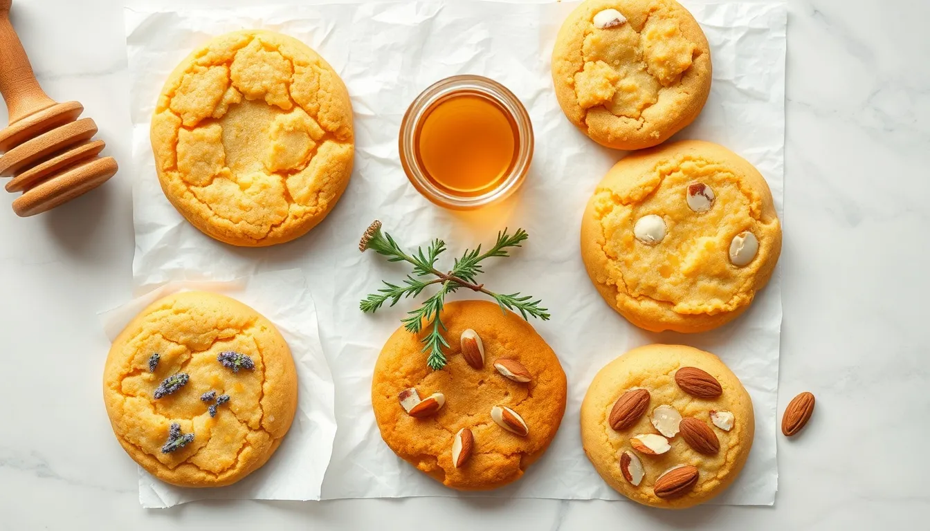 Six honey cookie flavor variations arranged on parchment: classic, lavender, lemon, cinnamon, ginger, and almond