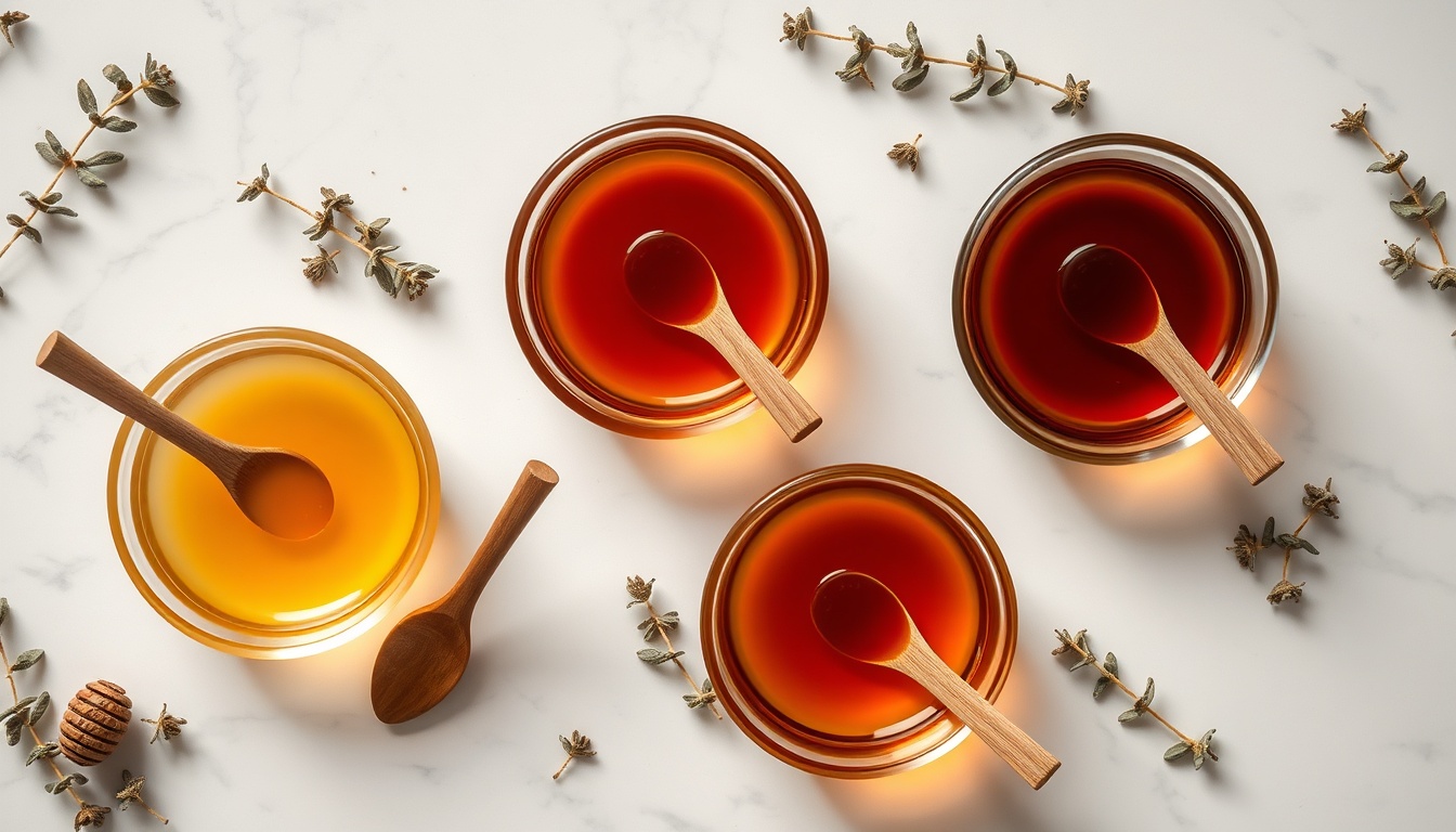 Five honey varieties arranged by color from pale golden acacia to dark buckwheat, showing the range of options for cough and sore throat relief