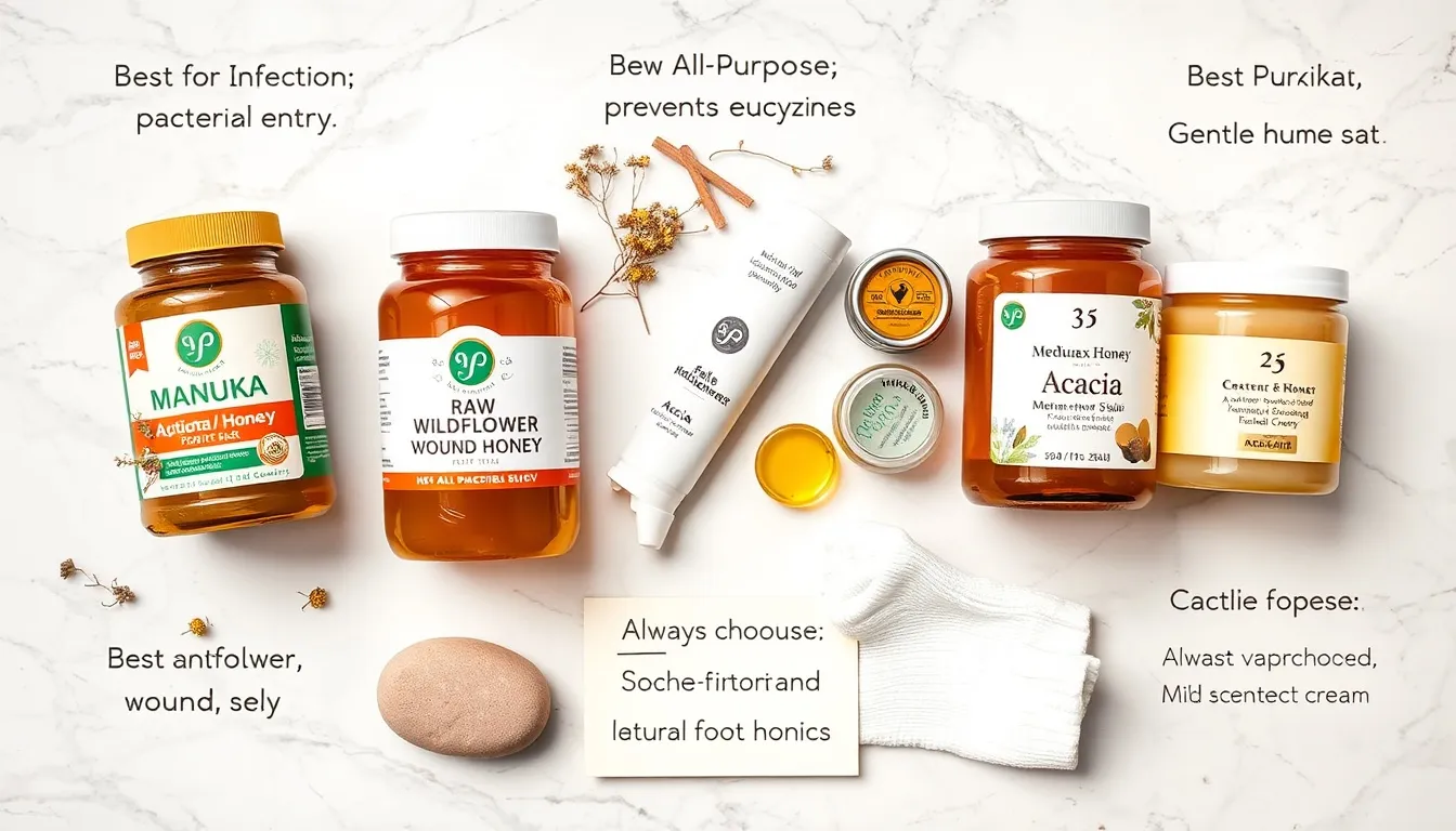 Three honey jars labeled Manuka, wildflower, and acacia arranged with foot care products on white marble surface
