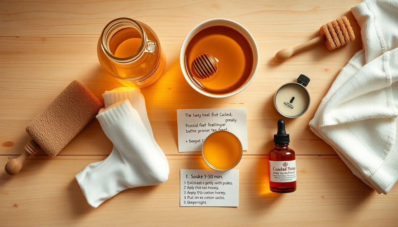 Pumice stone, foot scrubber, cotton socks, and beeswax salve arranged for a cracked heel treatment on warm wood surface