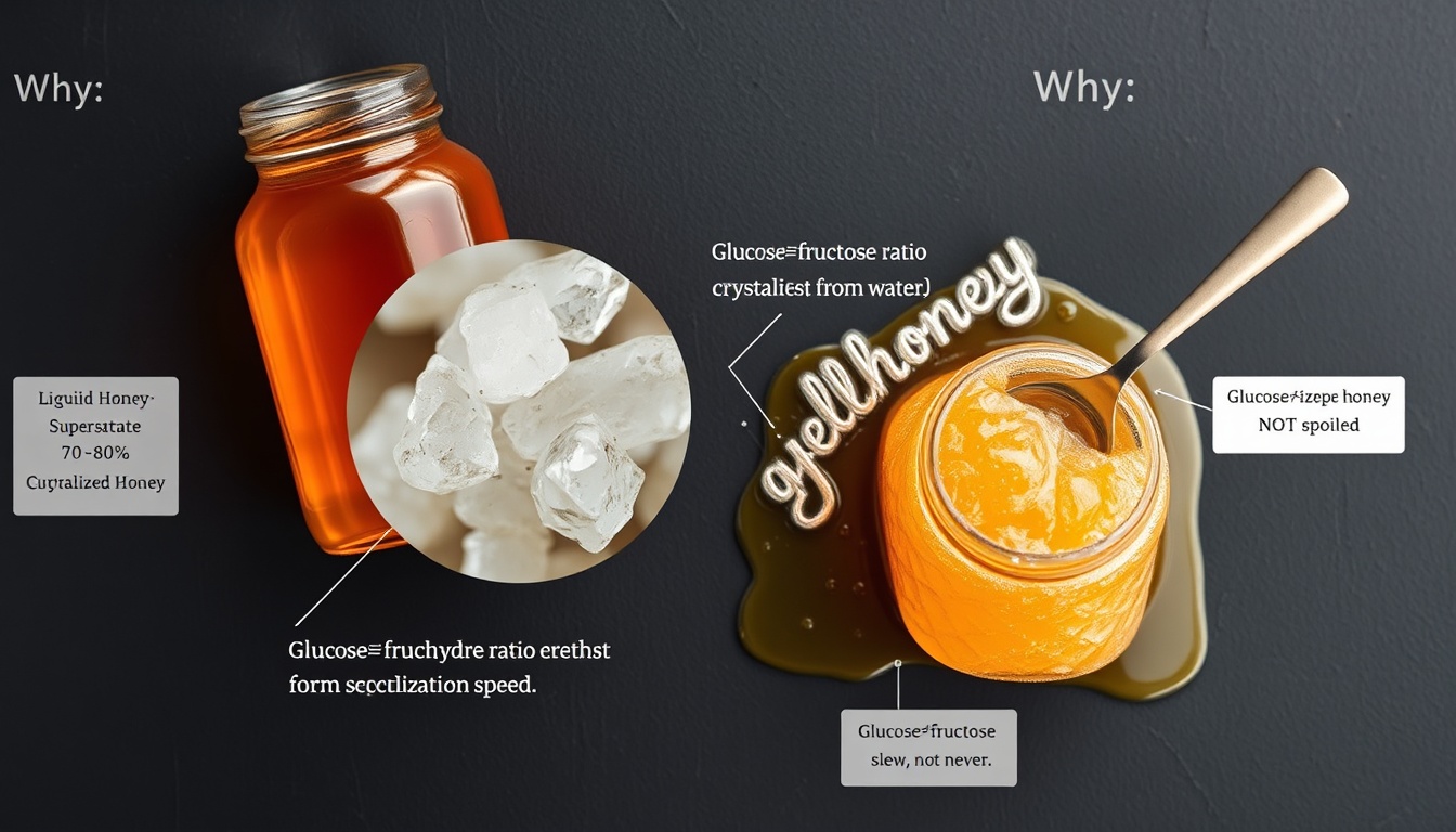 Honey crystallization science — liquid golden honey vs crystallized honey with glucose monohydrate crystal formation diagram on dark slate