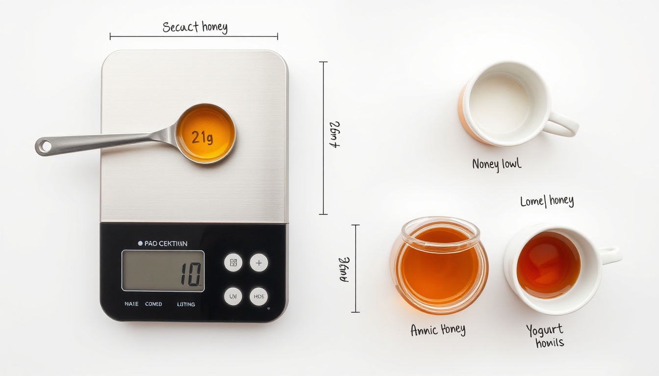 Honey serving size flat lay — tablespoon of honey on kitchen scale, marked jar, daily bowls on white background