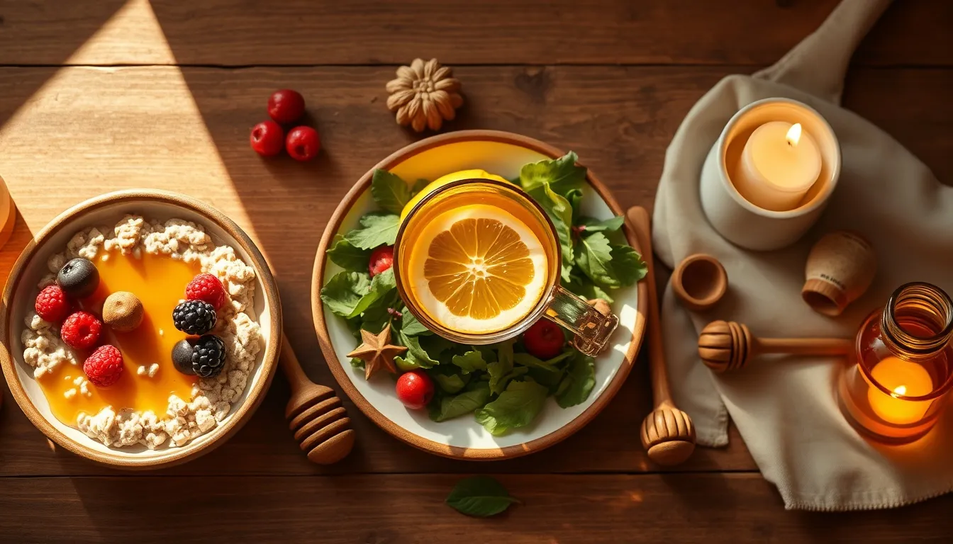Honey day triptych: morning oatmeal with honey and berries, midday honey-lemon tea, evening chamomile by candlelight