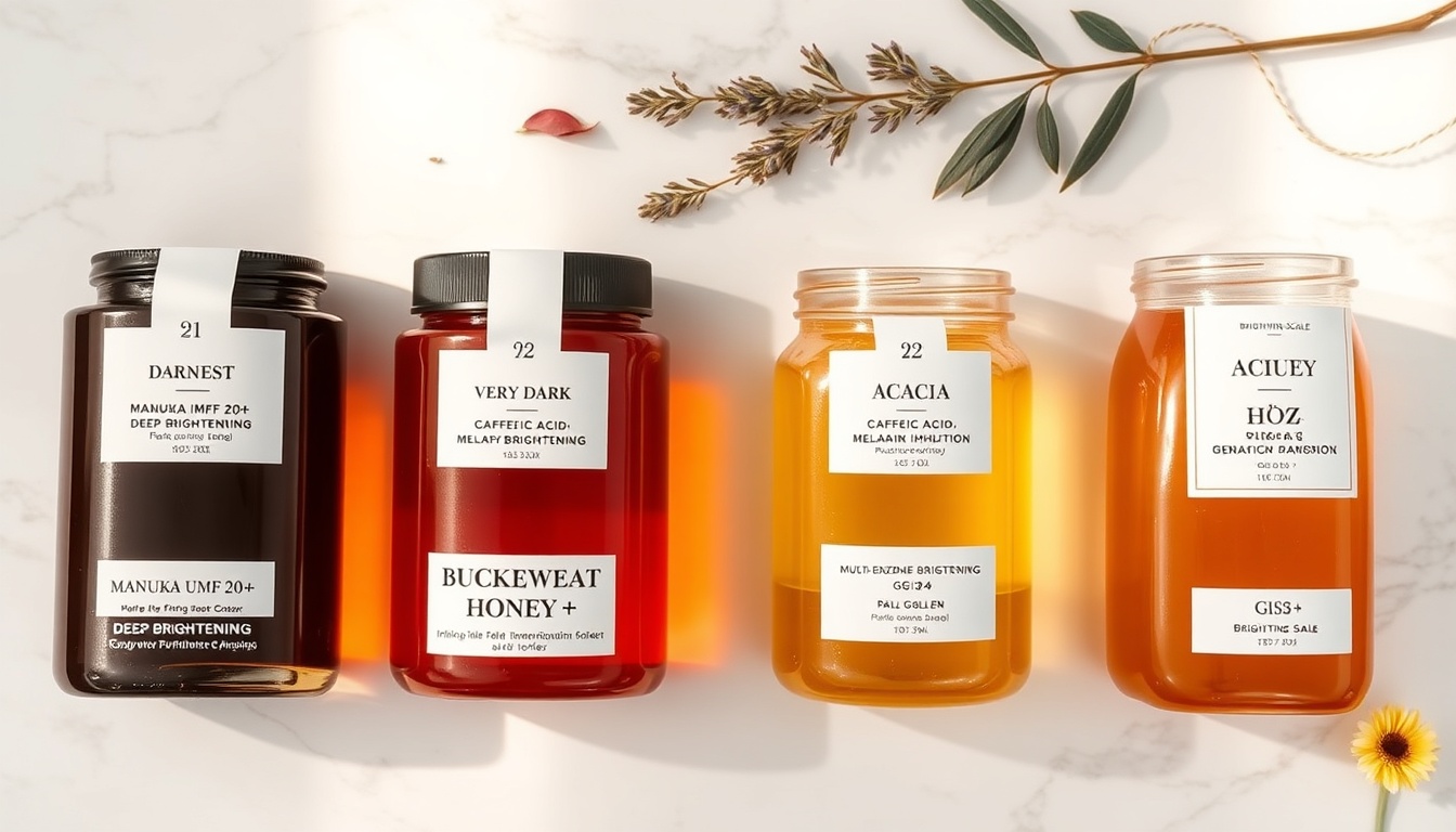 Four honey types for dark spots and hyperpigmentation: Manuka UMF 20+, raw buckwheat, raw wildflower, and acacia honey jars backlit on white marble showing the color spectrum from dark to pale