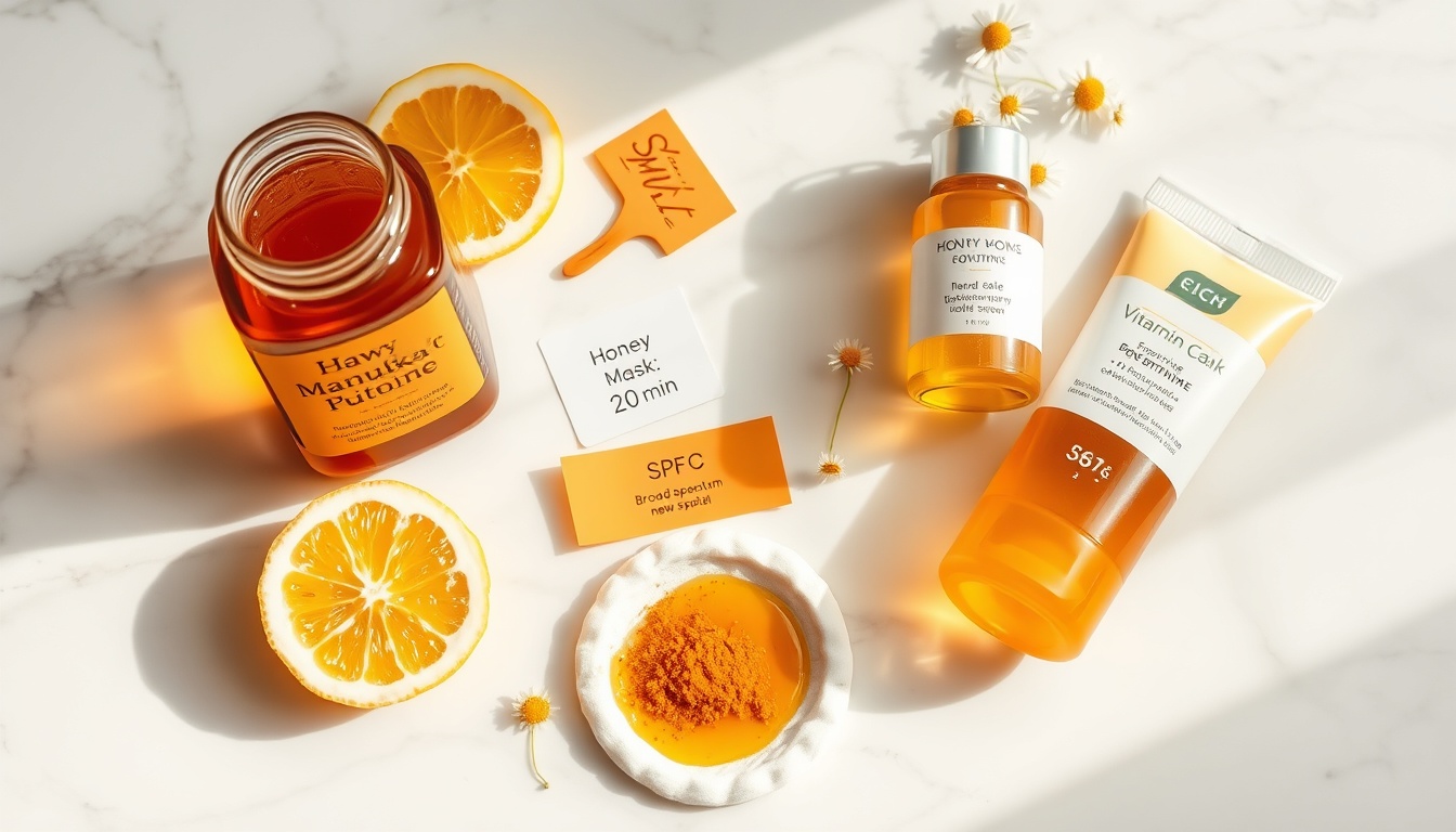 Complete honey dark spot brightening routine on white marble: raw Manuka honey jar, sliced lemon, turmeric powder, cotton round, Vitamin C serum, broad-spectrum SPF, and chamomile flowers